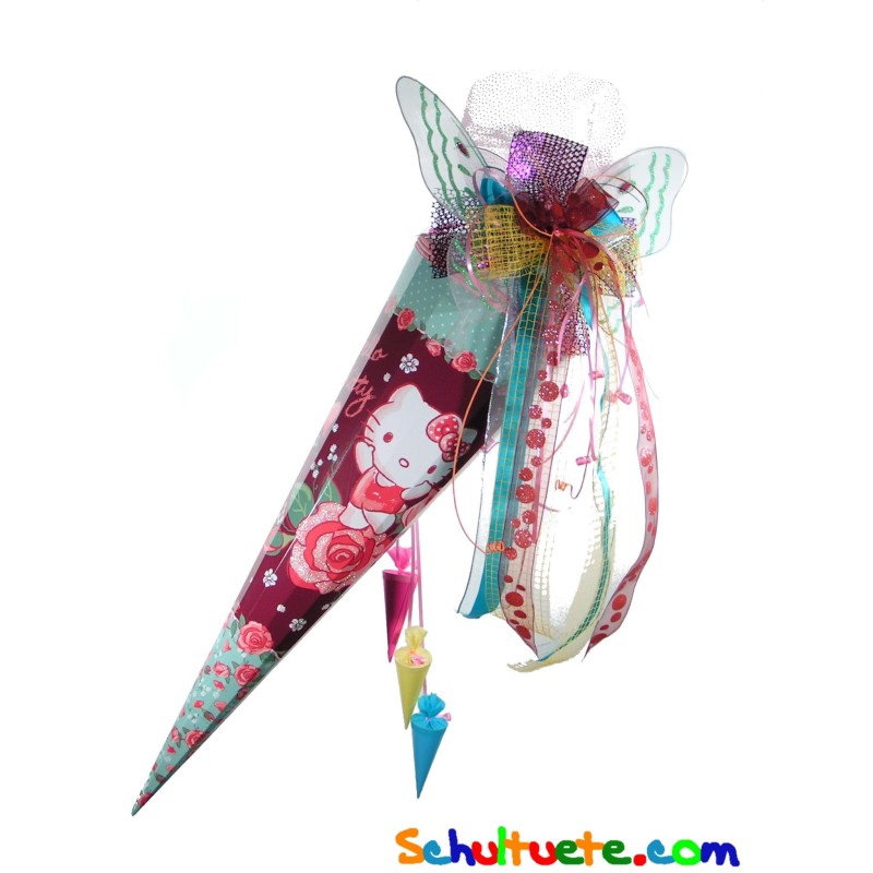 Schultüte "Hello Kitty-Rosengarten" 85cm, mit Glitzer und Schultütenschleife Schmetterling